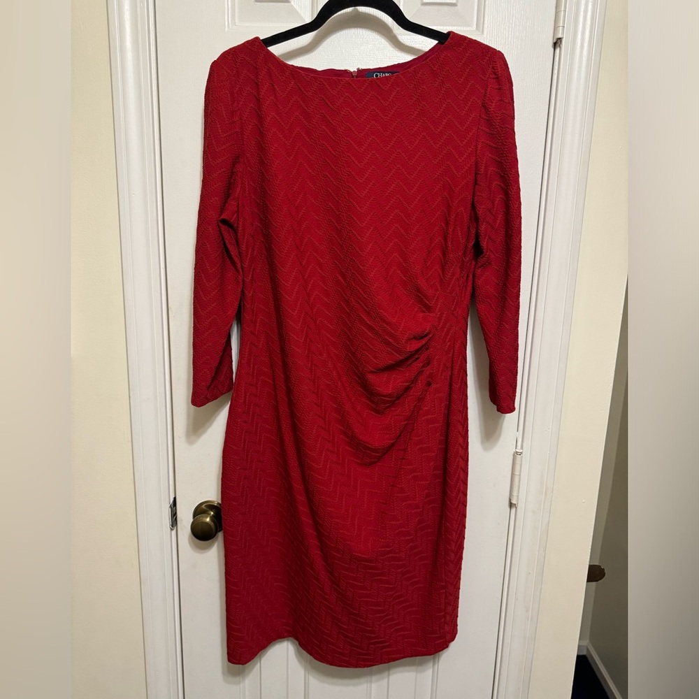 Chaps Red Chevron-Texture Midi Dress with Side Drape